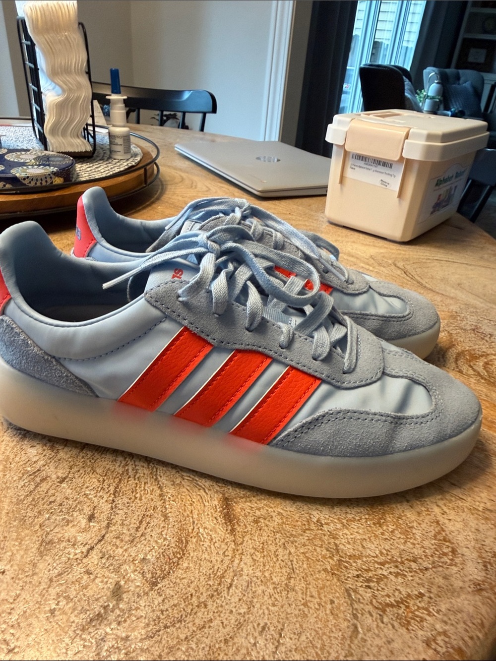 Adidas Women’s Light Blue Sneakers with Bright Orange Stripes